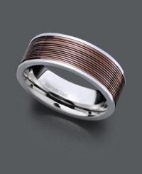 Standout style that makes a symbolic statement. This men's wedding ring by Triton features a modern spin with its brown PVD center set in stainless steel (8 mm). Size 10. Standout style that makes a symbolic statement. This men's wedding ring by Triton features a modern spin with its brown PVD center set in stainless steel (8 mm). Size 10.