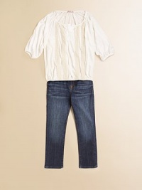 An essential three-quarter sleeved top is adorned with strands of lace for pretty style.Scoopneck with V-insetThree-quarter sleevesPullover styleElastic hem50% micro modal/50% supimaMachine washMade in USA An essential three-quarter sleeved top is adorned with strands of lace for pretty style.Scoopneck with V-insetThree-quarter sleevesPullover styleElastic hem50% micro modal/50% supimaMachine washMade in USA