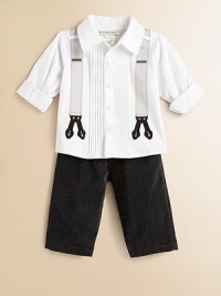 An ultra-handsome ensemble for your little man features a grown-up, button-front dress shirt and coordinating velveteen pants with attached suspenders. Shirt Shirt collarShort cuffed sleevesButton-frontPleated bodice Pants Attached suspendersElastic waistbandAngled front pocketsCottonMachine washImported Please note: Number of buttons may vary depending on size ordered. An ultra-handsome ensemble for your little man features a grown-up, button-front dress shirt and coordinating velveteen pants with attached suspenders. Shirt Shirt collarShort cuffed sleevesButton-frontPleated bodice Pants Attached suspendersElastic waistbandAngled front pocketsCottonMachine washImported Please note: Number of buttons may vary depending on size ordered.