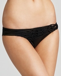 Becca® by Rebecca Virtue adds texture and dimension to the basic black bikini with draped macrame detailing. This asymmetrical bottom balances the one shoulder top. Becca® by Rebecca Virtue adds texture and dimension to the basic black bikini with draped macrame detailing. This asymmetrical bottom balances the one shoulder top.