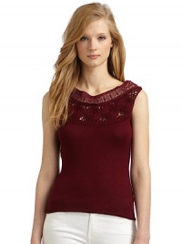 THE LOOKPullover styleRound neckline Open weave crochet yokeSleevelessTHE FITAbout 22 from shoulder to hemTHE MATERIALVirgin woolCARE & ORIGINHand washMade in ItalyModel shown is 5'9½ (176cm) wearing US size 4. THE LOOKPullover styleRound neckline Open weave crochet yokeSleevelessTHE FITAbout 22 from shoulder to hemTHE MATERIALVirgin woolCARE & ORIGINHand washMade in ItalyModel shown is 5'9½ (176cm) wearing US size 4.