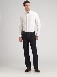 Crisp button-down gives just the right amount for a modern, comfortable fit. Bluff edge collar Button cuffs Shirttail hem Cotton/nylon/elastene; dry clean Imported Crisp button-down gives just the right amount for a modern, comfortable fit. Bluff edge collar Button cuffs Shirttail hem Cotton/nylon/elastene; dry clean Imported