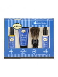 The 4 Elements of The Perfect Shave combine The Art of Shaving's high quality products, handcrafted accessories and expert shaving technique to provide optimal shaving results while helping against ingrown hairs, razor burn, and nicks and cuts. The Starter Kit offers one week's worth of essentials for a close and comfortable shave. Set includes: 0.5 oz. Pre-Shave Oil, 1 oz. Shaving Cream, 0.5oz. After-Shave Balm and Trial Size Badger Shaving Brush. The 4 Elements of The Perfect Shave combine The Art of Shaving's high quality products, handcrafted accessories and expert shaving technique to provide optimal shaving results while helping against ingrown hairs, razor burn, and nicks and cuts. The Starter Kit offers one week's worth of essentials for a close and comfortable shave. Set includes: 0.5 oz. Pre-Shave Oil, 1 oz. Shaving Cream, 0.5oz. After-Shave Balm and Trial Size Badger Shaving Brush.