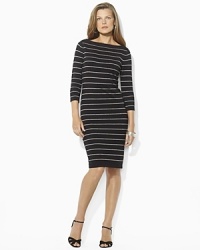 A lightweight cotton-blend boat neck dress is luxuriously updated with allover Lurex® stripes for a glamorous feel. A lightweight cotton-blend boat neck dress is luxuriously updated with allover Lurex® stripes for a glamorous feel.