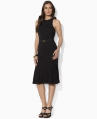 Embrace the ladylike look in Lauren by Ralph Lauren's elegant matte jersey dress, tailored with clean lines, a belted waist and a ruffled peplum hem for flirty charm. Embrace the ladylike look in Lauren by Ralph Lauren's elegant matte jersey dress, tailored with clean lines, a belted waist and a ruffled peplum hem for flirty charm.