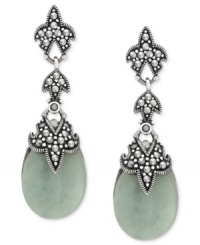 Earthy elegance. Genevieve & Grace's teardrop earrings are crafted from sterling silver, with a flower motif, as well as marcasite and jade (33 ct. t.w.) adding to the appeal. Approximate drop: 1-5/8 inches. Earthy elegance. Genevieve & Grace's teardrop earrings are crafted from sterling silver, with a flower motif, as well as marcasite and jade (33 ct. t.w.) adding to the appeal. Approximate drop: 1-5/8 inches.