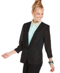 Sparkle by day or glimmer by night! This three-quarter sleeve rhinestone-embellished blazer from Ali & Kris is as versatile as it is chic. Sparkle by day or glimmer by night! This three-quarter sleeve rhinestone-embellished blazer from Ali & Kris is as versatile as it is chic.