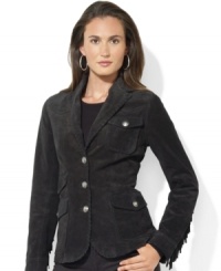 Lauren Jeans Co.'s supple suede jacket is accented with whipstitching and fringe for a Western-inspired look. Lauren Jeans Co.'s supple suede jacket is accented with whipstitching and fringe for a Western-inspired look.
