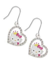 Fall in love with this fun pair of sterling silver earrings from Hello Kitty. Round crystals around the heart adds a lustrous look. Approximate drop: 1-1/4 inches. Fall in love with this fun pair of sterling silver earrings from Hello Kitty. Round crystals around the heart adds a lustrous look. Approximate drop: 1-1/4 inches.