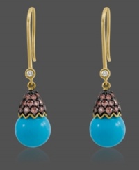 A unique blend of colors adds vibrant elegance to any look. Carlo Viani's exquisite drop earrings highlight a turquoise bead (9-5/8 mm) capped with sparkling chocolate diamonds (5/8 ct. t.w.) and topped off by a white diamond accent. Crafted in 14k gold. Approximate drop: 1-1/4 inches.