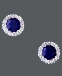 Sweet button studs add a touch of simplicity and sparkle to any look. Effy Collection design set in 14k white gold with round-cut sapphires (7/8 ct. t.w.) encircled by round-cut diamonds (1/8 ct. t.w.). Approximate diameter: 1/4 inch.