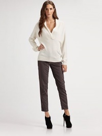 Velvety stretch design in an artfully cropped silhouette. Button closureZip flyFive-pocket style56% cotton/42% viscose/2% elastaneDry cleanMade in USA of imported fabric Velvety stretch design in an artfully cropped silhouette. Button closureZip flyFive-pocket style56% cotton/42% viscose/2% elastaneDry cleanMade in USA of imported fabric