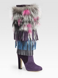 For a statement-making look, this fringed suede boot with multicolored genuine fox fur is the perfect choice. Self-covered heel, 4¾ (120mm)Hidden platform, ½ (15mm)Compares to a 4¼ heel (110mm)Shaft, 15Leg circumference, 13Suede upper with dyed fox furPull-on styleLeather lining and solePadded insoleMade in Italy For a statement-making look, this fringed suede boot with multicolored genuine fox fur is the perfect choice. Self-covered heel, 4¾ (120mm)Hidden platform, ½ (15mm)Compares to a 4¼ heel (110mm)Shaft, 15Leg circumference, 13Suede upper with dyed fox furPull-on styleLeather lining and solePadded insoleMade in Italy
