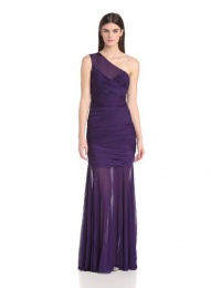 HALSTON HERITAGE Women's One Shoulder Ruched Gown with Sheer Neck and Skirt, Purple, X-Large HALSTON HERITAGE Women's One Shoulder Ruched Gown with Sheer Neck and Skirt, Purple, X-Large
