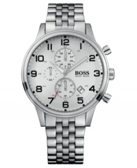Make this multifunctional, modern watch from Hugo Boss your everyday timepiece for every occasion. Silvertone stainless steel bracelet and round case. Round silvertone dial with three subdials, date window, logo and numeral indices. Quartz movement. Water resistant to 50 meters. Two-year limited warranty. Make this multifunctional, modern watch from Hugo Boss your everyday timepiece for every occasion. Silvertone stainless steel bracelet and round case. Round silvertone dial with three subdials, date window, logo and numeral indices. Quartz movement. Water resistant to 50 meters. Two-year limited warranty.