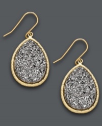 Subtle shimmer and shine. These exquisite teardrop-shaped earrings features a grey druzy center set in 14k gold. Approximate drop length: 7/8 inch. Approximate drop width: 5/8 inch.
