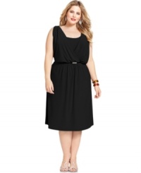 Jones New York defines easy elegance with this plus size dress, featuring a beautiful blouson-style drape at the bodice and a skinny belt to cinch the waist. Jones New York defines easy elegance with this plus size dress, featuring a beautiful blouson-style drape at the bodice and a skinny belt to cinch the waist.