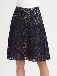Shimmering lining topped by an inky lace overlay, finishing with a perennially chic A-line silhouette that hits just above the knee. Invisible back zipperAbout 22 longFully linedCotton/viscose/nylonDry cleanImportedModel shown is 5'9 (176cm) wearing US size 4. Shimmering lining topped by an inky lace overlay, finishing with a perennially chic A-line silhouette that hits just above the knee. Invisible back zipperAbout 22 longFully linedCotton/viscose/nylonDry cleanImportedModel shown is 5'9 (176cm) wearing US size 4.