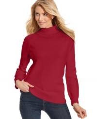 Karen Scott's soft petite turtleneck sweater features a chic ribbed collar and easy fit. Pair it with jeans for essential weekend style! Karen Scott's soft petite turtleneck sweater features a chic ribbed collar and easy fit. Pair it with jeans for essential weekend style!