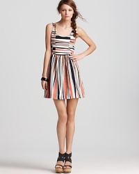 In vibrant stripes, this playful Aqua dress makes a charming statement when paired with a bold bangle and chunky footwear. In vibrant stripes, this playful Aqua dress makes a charming statement when paired with a bold bangle and chunky footwear.