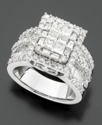 Exquisite elegance. A dazzling fusion of round, princess and baguette-cut diamonds (3 ct. t.w.) creates a super-sparkly and ornate diamond ring set in 14k white gold. Exquisite elegance. A dazzling fusion of round, princess and baguette-cut diamonds (3 ct. t.w.) creates a super-sparkly and ornate diamond ring set in 14k white gold.