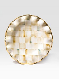 This elegant, one-of-a-kind masterpiece hits the sweet spot in hand-painted terra cotta, color-dragged checks and golden trim.Ceramic with golden lustre9 diam.Hand washMade in the USA This elegant, one-of-a-kind masterpiece hits the sweet spot in hand-painted terra cotta, color-dragged checks and golden trim.Ceramic with golden lustre9 diam.Hand washMade in the USA