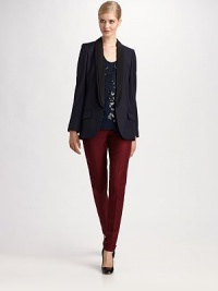 Contrast lapels make a slimly tailored jacket twice as nice.Front hook-and-eye closure Seamed waist Flap pockets Four-button cuffs Single back vent About 30 shoulder to hem Wool; dry clean Imported Contrast lapels make a slimly tailored jacket twice as nice.Front hook-and-eye closure Seamed waist Flap pockets Four-button cuffs Single back vent About 30 shoulder to hem Wool; dry clean Imported