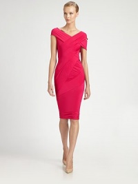 Sexy and form-fitting, this banded silhouette is panel-constructed for a flattering effect.V necklineAsymmetrical cap sleevesBanded bodiceAbout 28 from natural waistViscose/elastaneDry cleanImported of Italian fabricModel shown is 5'10 (177cm) wearing US size Small. Sexy and form-fitting, this banded silhouette is panel-constructed for a flattering effect.V necklineAsymmetrical cap sleevesBanded bodiceAbout 28 from natural waistViscose/elastaneDry cleanImported of Italian fabricModel shown is 5'10 (177cm) wearing US size Small.