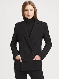 Finespun Italian wool, in a modern, menswear-inspired design.Notched lapelsDouble-breasted button frontButton cuffsPatch pocketsAbout 32 from shoulder to hemWoolDry cleanImported of Italian fabricModel shown is 5'11 (180cm) wearing US size 4. Finespun Italian wool, in a modern, menswear-inspired design.Notched lapelsDouble-breasted button frontButton cuffsPatch pocketsAbout 32 from shoulder to hemWoolDry cleanImported of Italian fabricModel shown is 5'11 (180cm) wearing US size 4.