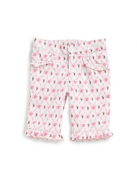 THE LOOKSweet allover bow and rose printElastic waistRuffled hand pockets and hemTHE MATERIALCottonFully linedCARE & ORIGINMachine washImported THE LOOKSweet allover bow and rose printElastic waistRuffled hand pockets and hemTHE MATERIALCottonFully linedCARE & ORIGINMachine washImported