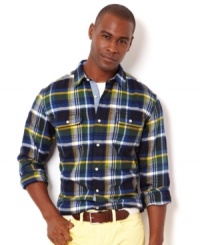 Standout in the cool colors of this long sleeve shirt from Nautica. Standout in the cool colors of this long sleeve shirt from Nautica.