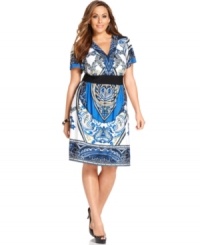 Get statement-making style with NY Collection's short sleeve plus size dress, featuring a scarf print. Get statement-making style with NY Collection's short sleeve plus size dress, featuring a scarf print.