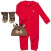 Make him one of Santa's honorary reindeer with this adorable coverall, hat and socks from Carter's.