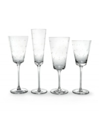 Savor your favorite beverage with the Larabee Dot goblet. Etched polka-dots on clear crystal lend elegance to your tabletop. Shown from left to right: goblet, flute, iced beverage glass and wine glass. Savor your favorite beverage with the Larabee Dot goblet. Etched polka-dots on clear crystal lend elegance to your tabletop. Shown from left to right: goblet, flute, iced beverage glass and wine glass.
