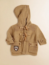 Featuring quintessential prep school style, this knit cardigan is made complete with an attached hood and wooden-toggle closures along the front.Attached hoodLong sleeves with adjustable button tabFront toggle closureButton-flap patch pockets70% cotton/30% wool spandexDry cleanImported Please note: Number of buttons may vary depending on size ordered. Featuring quintessential prep school style, this knit cardigan is made complete with an attached hood and wooden-toggle closures along the front.Attached hoodLong sleeves with adjustable button tabFront toggle closureButton-flap patch pockets70% cotton/30% wool spandexDry cleanImported Please note: Number of buttons may vary depending on size ordered.