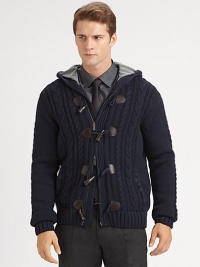 A cozy, wool knit with a nautical-inspired toggle closure for relaxed, yet rustic look.Two-way zip frontToggle button-frontAttached hoodSide slash pocketsRibbed knit cuffs and hemWoolDry cleanImported A cozy, wool knit with a nautical-inspired toggle closure for relaxed, yet rustic look.Two-way zip frontToggle button-frontAttached hoodSide slash pocketsRibbed knit cuffs and hemWoolDry cleanImported