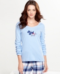 Lounge around in stylish comfort with Charter Club's Critters pajama top. It features full-length sleeves and a cute dog design on the front. Lounge around in stylish comfort with Charter Club's Critters pajama top. It features full-length sleeves and a cute dog design on the front.