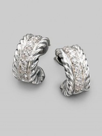 A striking curve of cabled sterling silver, with a center lane of pavé diamonds, gracefully hugs the ear. Diamonds, 0.24 tcw Sterling silver Diameter, about ½ Post back Imported