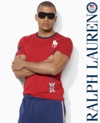 Embrace the spirit of the 2012 Olympic Games with a patriotic ringer tee with a signature flag graphic in an ultra-soft cotton. Embrace the spirit of the 2012 Olympic Games with a patriotic ringer tee with a signature flag graphic in an ultra-soft cotton.