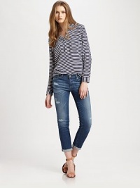 Inspired by '60s beatnik style, this cool-girl staple has subtle distressing and rolled cuffs. THE FITMedium rise, about 7½Inseam, about 26THE DETAILSButton closureZip flyFour-pocket style70% cotton/28% Lyocell/2% polyurethaneMachine washMade in USA of imported fabricModel shown is 5'9 (175cm) wearing US size 4. Inspired by '60s beatnik style, this cool-girl staple has subtle distressing and rolled cuffs. THE FITMedium rise, about 7½Inseam, about 26THE DETAILSButton closureZip flyFour-pocket style70% cotton/28% Lyocell/2% polyurethaneMachine washMade in USA of imported fabricModel shown is 5'9 (175cm) wearing US size 4.