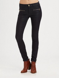 Crafted in one of the best-selling, high-shine washes, these unbelievably soft, zipper-trimmed skinnies will transition smoothly from work hours to after hours. THE FITMedium rise, about 9Inseam, about 29THE DETAILSZip flyFront besom pocketsZippered front slash pocketsBack patch pocketsZippered cuffs98% cotton/2% spandexMachine washMade in USA of imported fabricModel shown is 5'9 (175cm) wearing US size 0. Crafted in one of the best-selling, high-shine washes, these unbelievably soft, zipper-trimmed skinnies will transition smoothly from work hours to after hours. THE FITMedium rise, about 9Inseam, about 29THE DETAILSZip flyFront besom pocketsZippered front slash pocketsBack patch pocketsZippered cuffs98% cotton/2% spandexMachine washMade in USA of imported fabricModel shown is 5'9 (175cm) wearing US size 0.