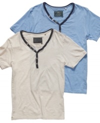 Sit back and relax. This henley shirt from Guess has your style and comfort all taken care of. Sit back and relax. This henley shirt from Guess has your style and comfort all taken care of.