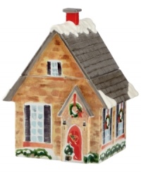 Home to sweet, buttery treats, this whimsical cookie jar draws inspiration from the Holiday Illustrations serveware collection, also by Lenox. Raise the roof to fill with baked goods. A beautiful gift! Home to sweet, buttery treats, this whimsical cookie jar draws inspiration from the Holiday Illustrations serveware collection, also by Lenox. Raise the roof to fill with baked goods. A beautiful gift!