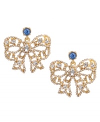 Flirty, feminine and totally fashionable! Prepare yourself for compliments when you wear Betsey Johnson's bow earrings. Crafted in gold tone mixed metal with clear crystal accents and a blue crystal post. Approximate drop: 1-1/5 inches. Flirty, feminine and totally fashionable! Prepare yourself for compliments when you wear Betsey Johnson's bow earrings. Crafted in gold tone mixed metal with clear crystal accents and a blue crystal post. Approximate drop: 1-1/5 inches.