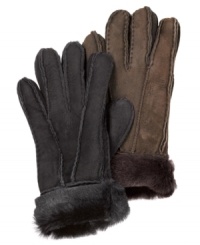 Feel free to explore the arctic, your hands will be toasty warm with these chic shearling gloves from Surell, featuring faux fur trim and detail stitching. Feel free to explore the arctic, your hands will be toasty warm with these chic shearling gloves from Surell, featuring faux fur trim and detail stitching.