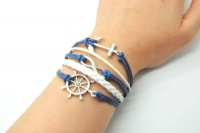 Navy Blue Rope and White Braided Leather Steampunk Adjustable Vintage Silver Karma Bracelet,infinity Wish Anchor Rudder Bracelet 1150r