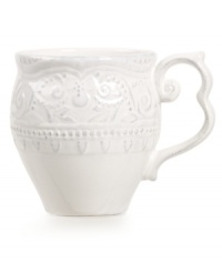 Revive the grace and charm of another era with Versailles Maison's Blanc Amelie mug. A rich pattern is entirely embossed on classic dinnerware finished with a soft white glaze and distressed detail. Revive the grace and charm of another era with Versailles Maison's Blanc Amelie mug. A rich pattern is entirely embossed on classic dinnerware finished with a soft white glaze and distressed detail.