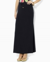 Graceful and fluid in a foundation of luxurious stretch jersey, this Lauren by Ralph Lauren petite skirt takes chic style to great lengths in a modern, floor-sweeping length. Graceful and fluid in a foundation of luxurious stretch jersey, this Lauren by Ralph Lauren petite skirt takes chic style to great lengths in a modern, floor-sweeping length.