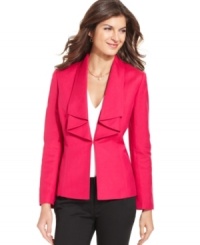 Create a standout look any day of the week with Tahari by ASL's ruffle-front jacket. The hot pink color pops against classic grey and black pants. Create a standout look any day of the week with Tahari by ASL's ruffle-front jacket. The hot pink color pops against classic grey and black pants.
