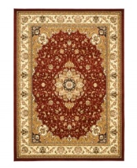 Safavieh's Lyndhurst collection offers the beauty and painstaking detail of traditional Persian and European styles with the ease of polypropylene. With a symphony of florals, vines and latticework detailing, these beautiful rugs bring warmth and life to any room. Polypropylene resists stains, keeping rugs pristine for years to come. This rug features a soft ivory border with ornate detailing throughout. A striking, supernova-like medallion floats in the center of the dramatic red interior. (Clearance) Safavieh's Lyndhurst collection offers the beauty and painstaking detail of traditional Persian and European styles with the ease of polypropylene. With a symphony of florals, vines and latticework detailing, these beautiful rugs bring warmth and life to any room. Polypropylene resists stains, keeping rugs pristine for years to come. This rug features a soft ivory border with ornate detailing throughout. A striking, supernova-like medallion floats in the center of the dramatic red interior. (Clearance)